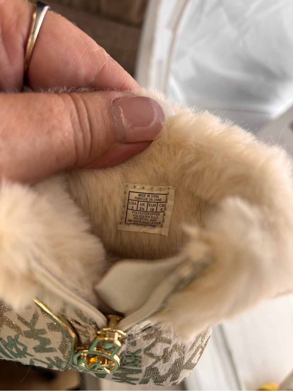 Michael Kors Baby Faux-Fur Trim Gold Logo Booties - Size 3 - Picture 6 of 9